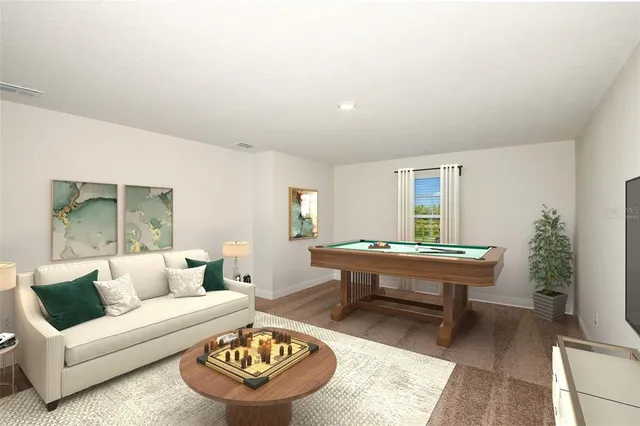 a living room with furniture and a rug