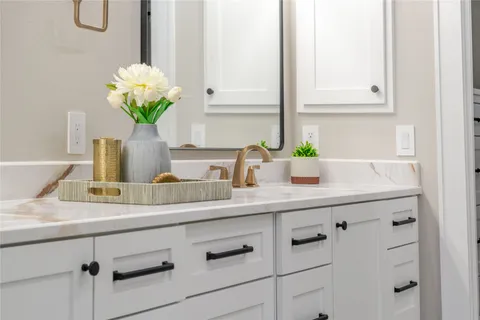 a bathroom with a sink double vanity and a mirror