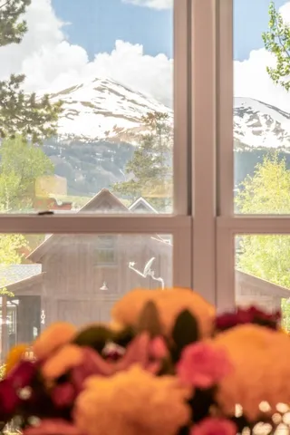 a dining room with furniture and window