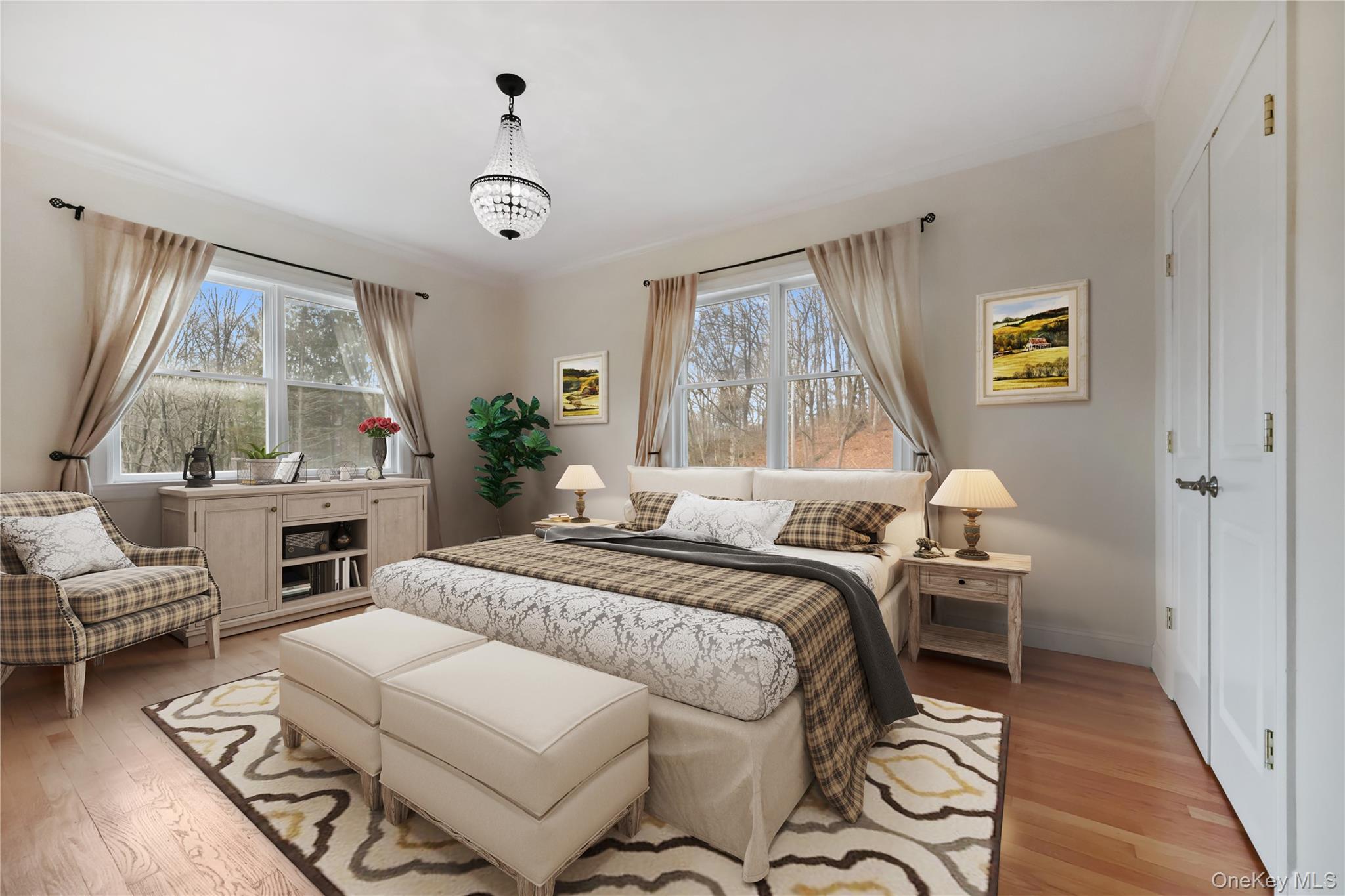 353 Turk Hill Road Brewster, NY 10509 - Photo 21 of 31 Virtually Staged. Bedroom featuring a closet, wood finished floors, multiple windows, and ornamental molding