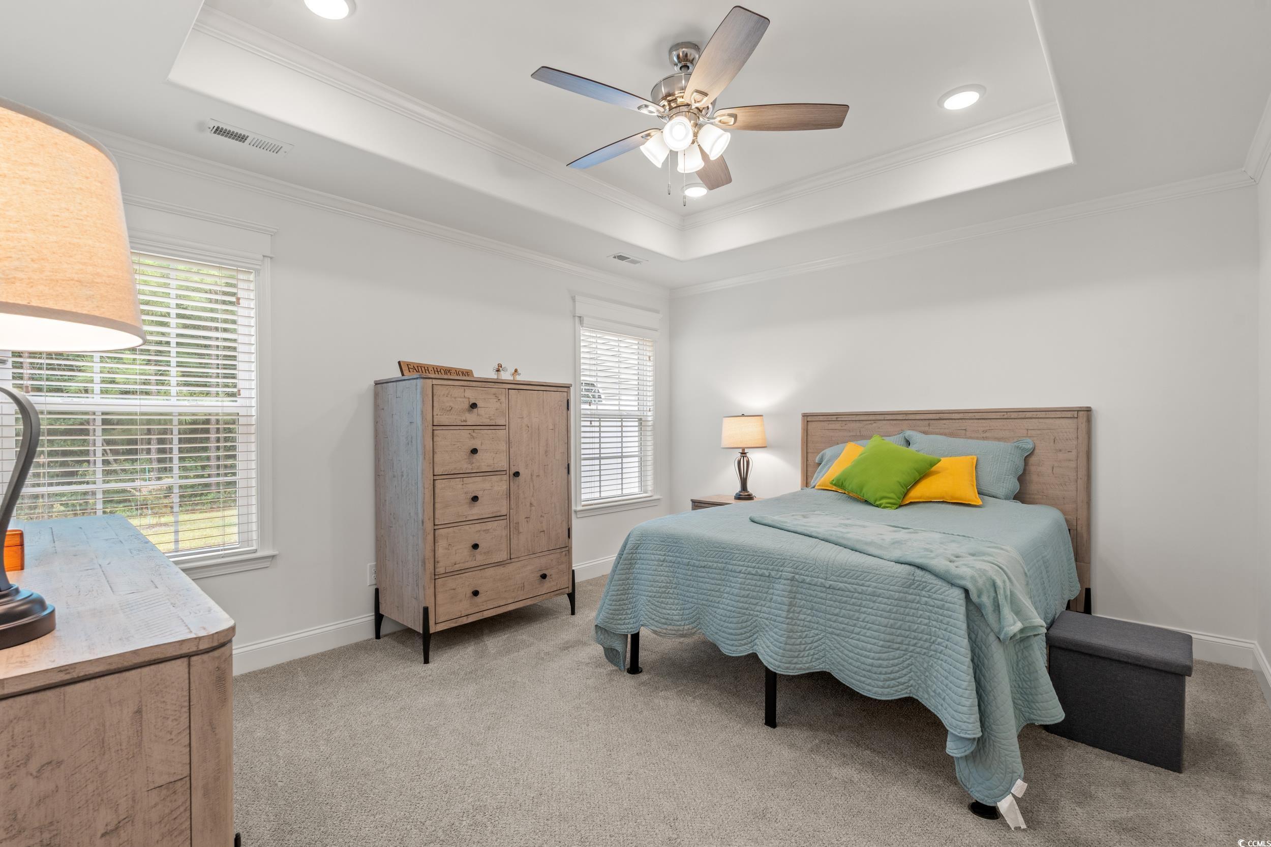 156 Hamilton Way Conway, SC 29526 - Photo 3 of 36 Bedroom featuring a raised ceiling, ornamental molding, light carpet, ceiling fan, and recessed lighting
