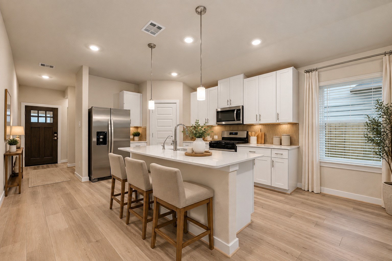 6611 Castella Drive Rosharon, TX 77583 - Photo 2 of 31 Virtually staged kitchen featuring a large island, white cabinetry, and an open connection to the living areas.