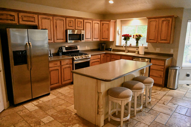 314 Brown Farm Lane Draper, UT 84020 - Photo 11 of 57 Full kitchen featuring extensive wood cabinetry, stainless steel appliances, a center island, and tiled flooring