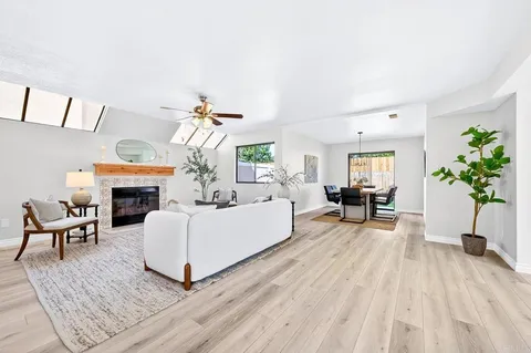 a living room with furniture a fireplace and potted plants