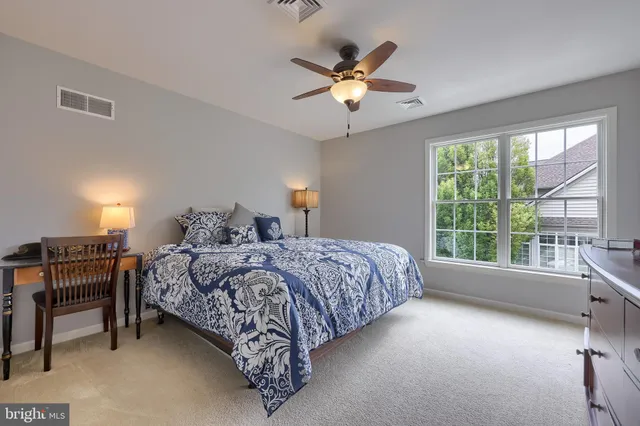 a living room with furniture a ceiling fan and a rug