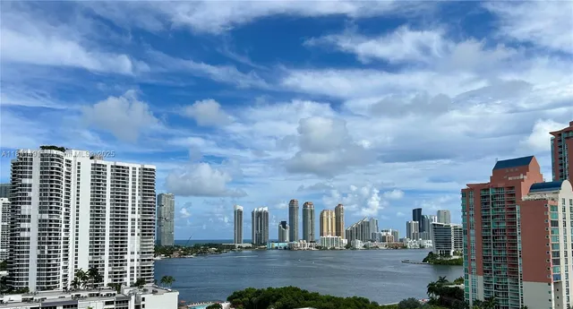 a city view with tall buildings