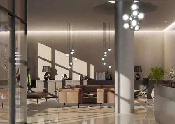 a view of a lobby with furniture and staircase