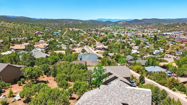 an aerial view of residential houses with outdoor space and trees