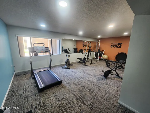 a living room with furniture gym equipment and a view of living room