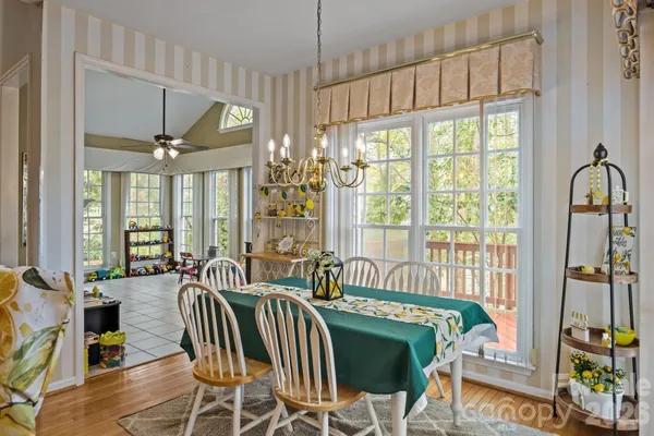 a view of a dining room with furniture window and outside view