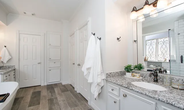 a bathroom with a sink and a mirror