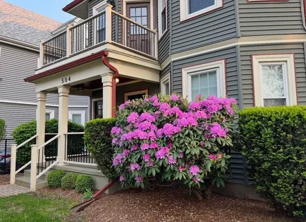 a front view of a house with a yard and fountain