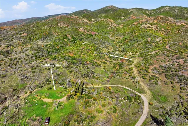 a view of a lush green field with mountains in the background
