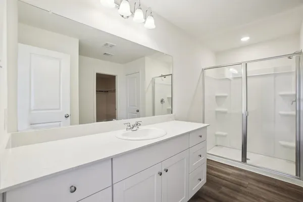 a bathroom with a double vanity sink mirror and shower