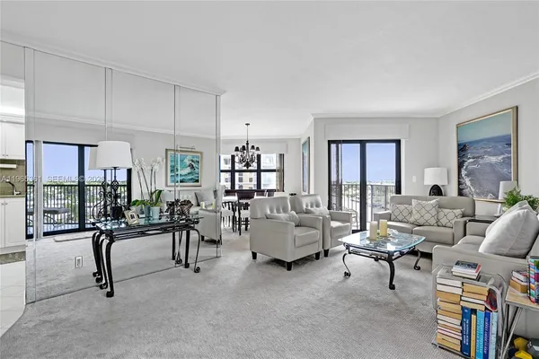 a view of a lake with tall building