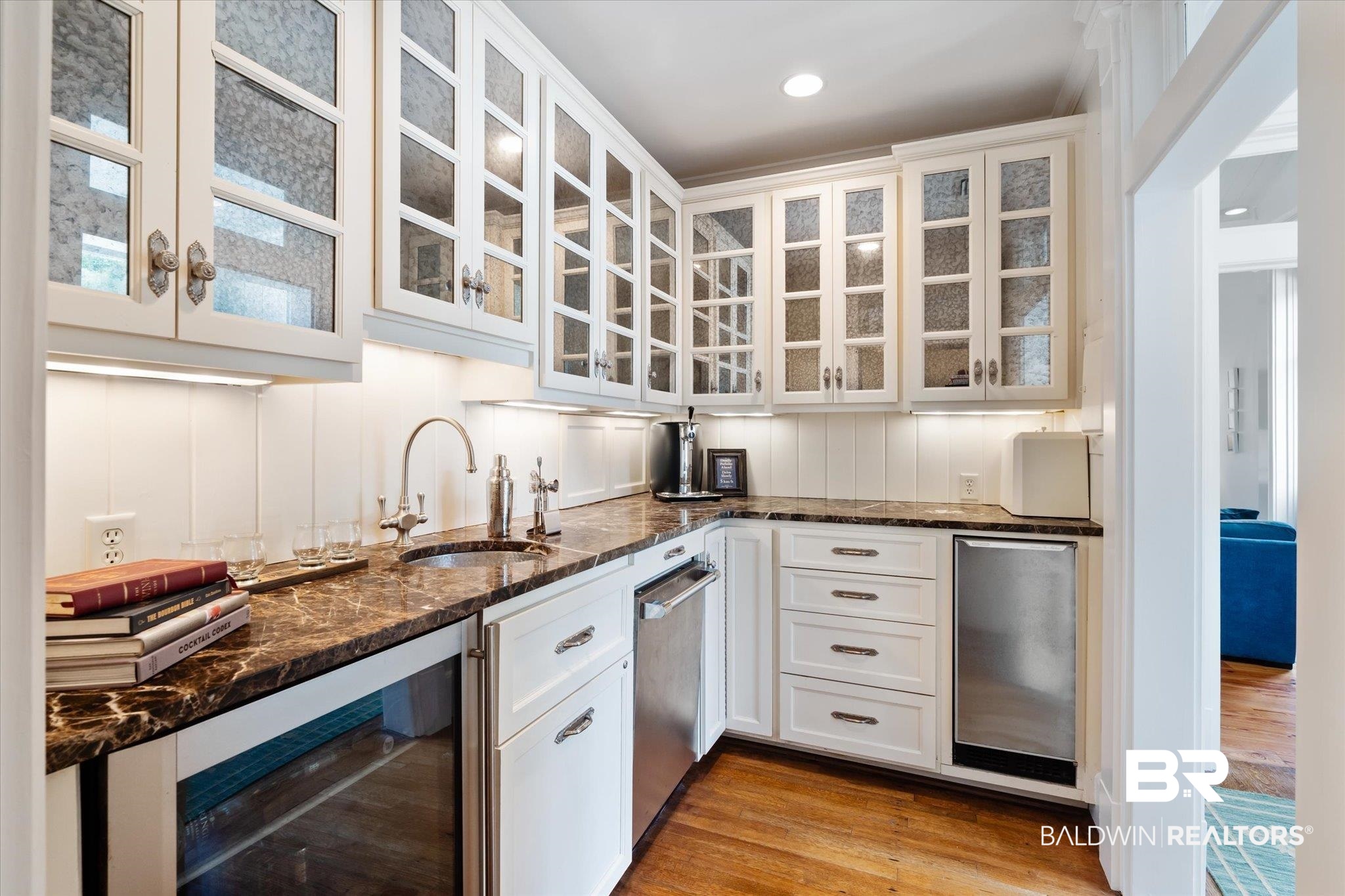 2205 Spring Hill Avenue Mobile, AL 36607 - Photo 8 of 59 Kitchen featuring dark stone counters, white cabinetry, sink, wine cooler, and light hardwood / wood-style flooring