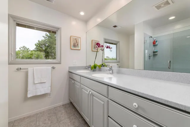 a view of a lake with houses in the back