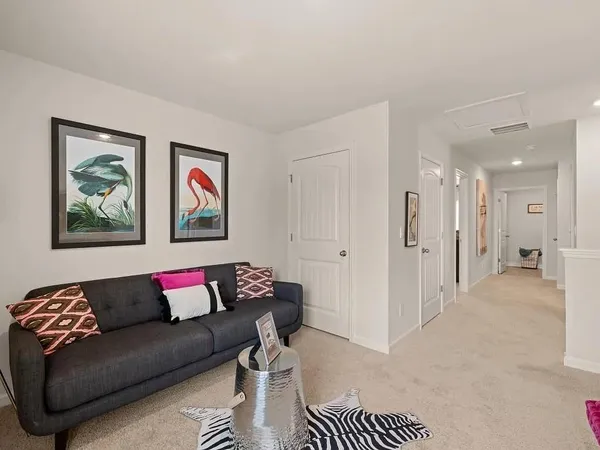 a living room with furniture and a rug