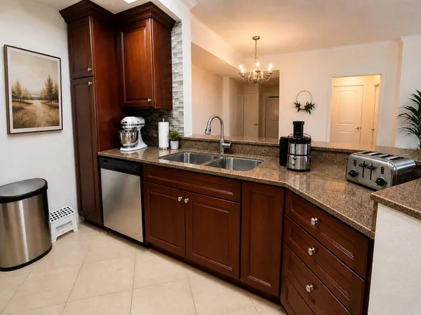 a spacious bathroom with a granite countertop sink and a mirror