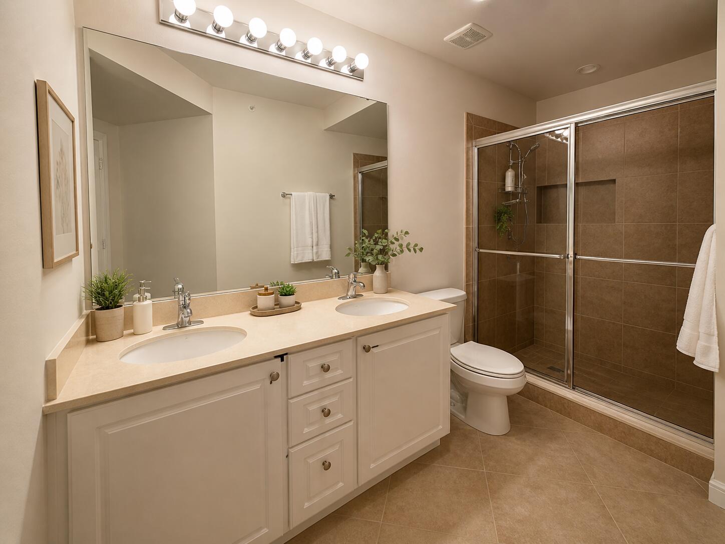 1660 Renaissance Commons Boulevard, Unit 2418 Boynton Beach, FL 33426 - Photo 12 of 18 a bathroom with a double vanity sink toilet and shower