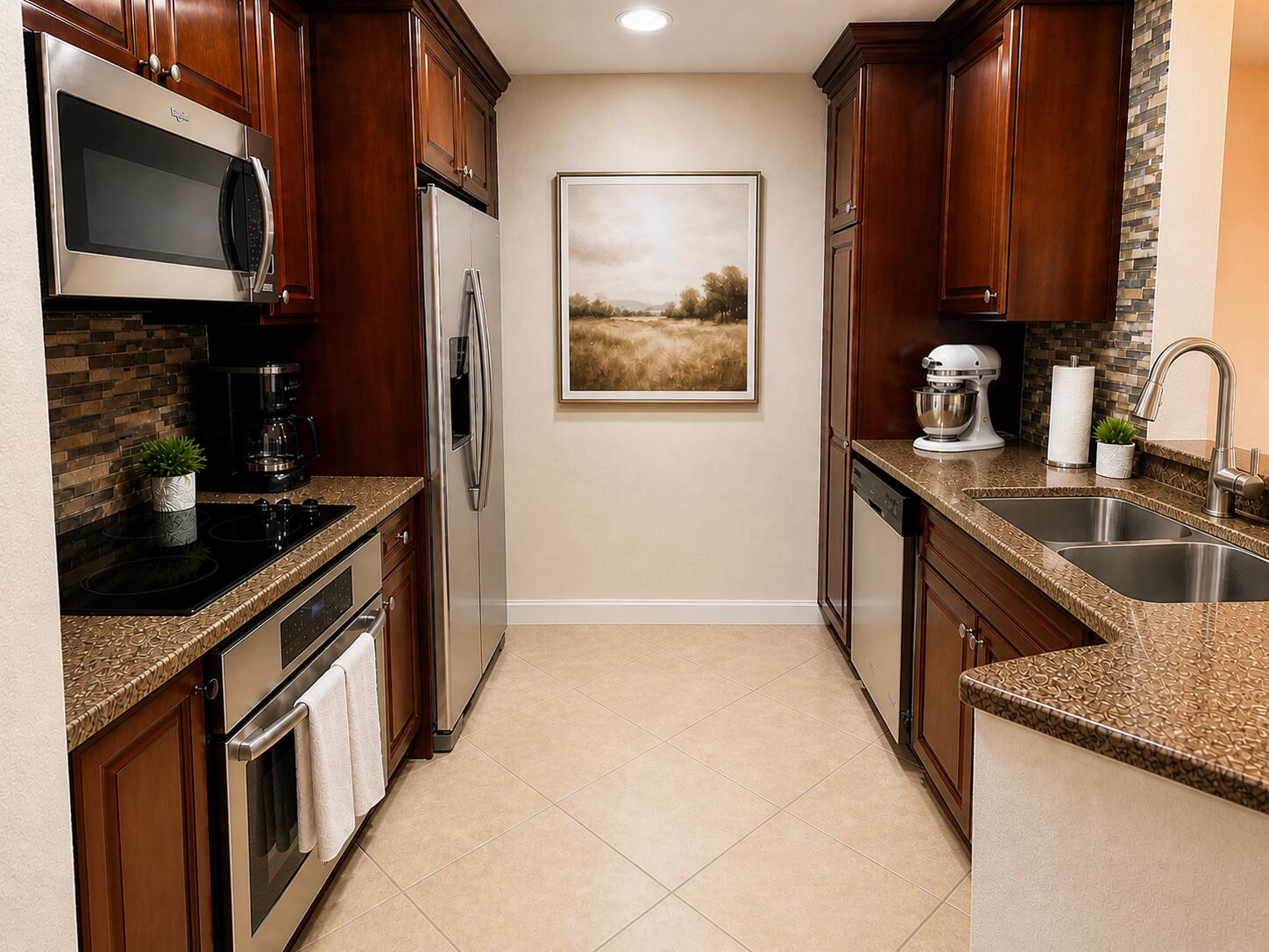 1660 Renaissance Commons Boulevard, Unit 2418 Boynton Beach, FL 33426 - Photo 5 of 18 a kitchen with stainless steel appliances granite countertop a stove and a microwave