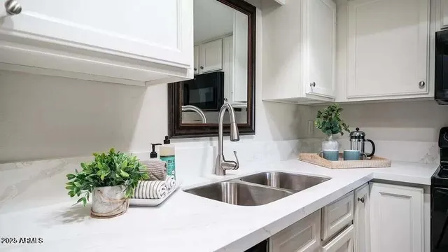 a kitchen with a potted plant on the counter and cabinets