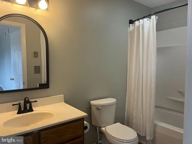 a bathroom with a sink vanity mirror and toilet