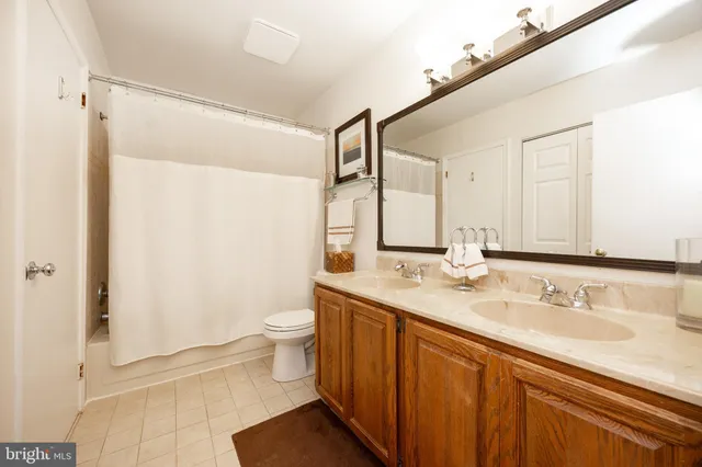 a bathroom with a double vanity sink mirror and toilet