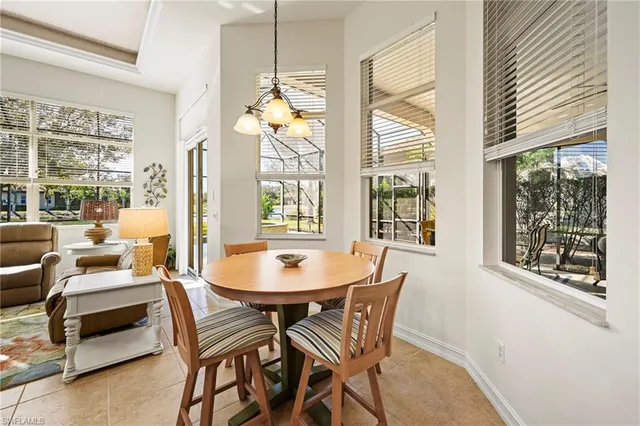 a view of a dining room with furniture large windows and wooden floor