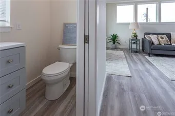 a bathroom with a toilet and a rug