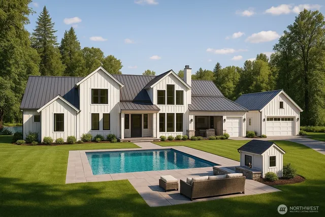 a view of house with a big yard and potted plants