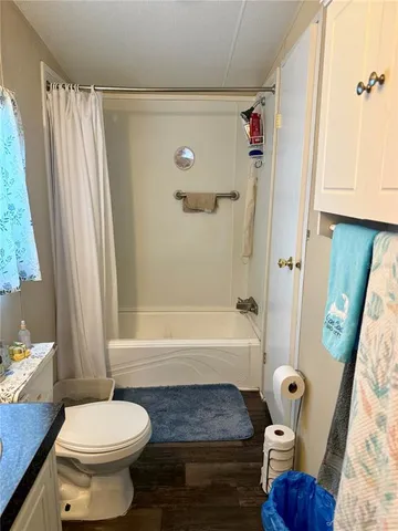 a bathroom with a toilet and a shower curtain