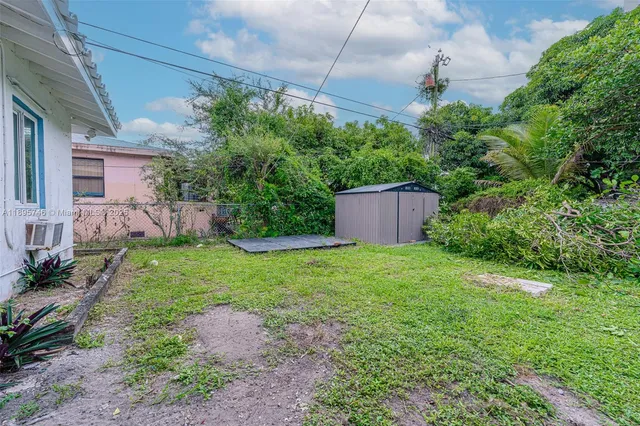 a view of a backyard with potted plants and large trees