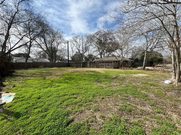a view of a backyard with large trees