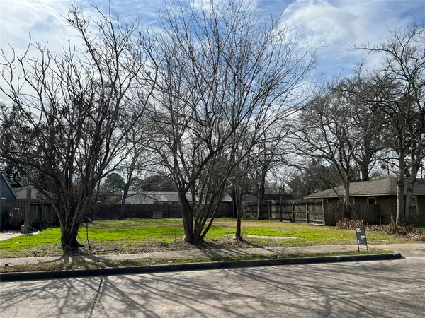 a view of swimming pool with large trees and wooden fence