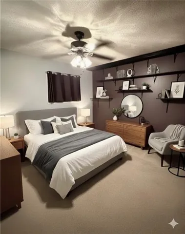 a bedroom with bed and a mirror