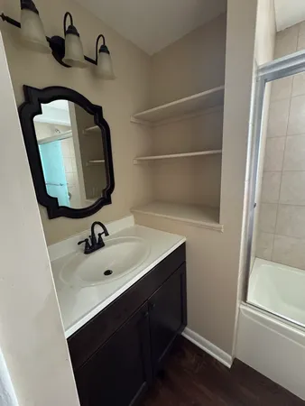 a bathroom with a sink and a mirror
