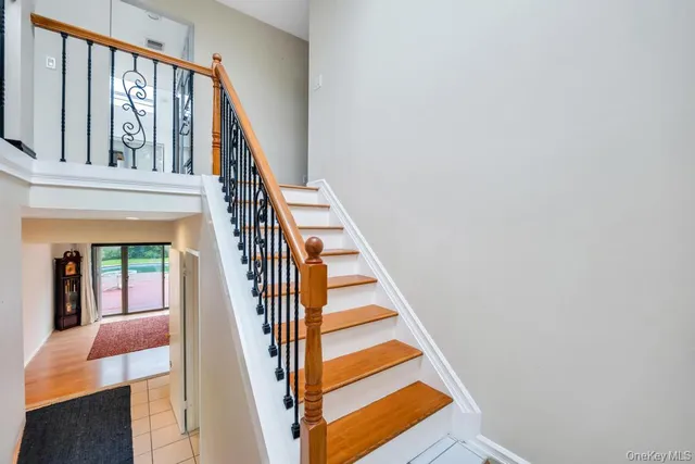 a view of staircase with wooden floor and a rug