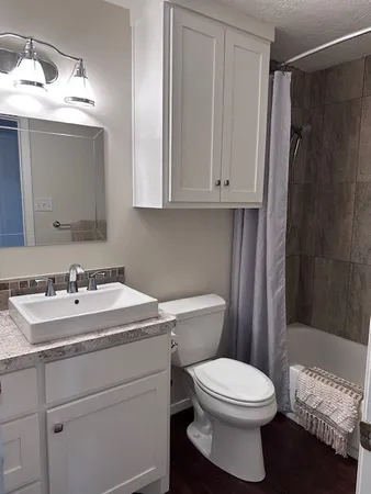 a bathroom with a sink a toilet and shower