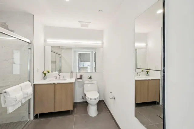 a bathroom with a toilet sink and mirror