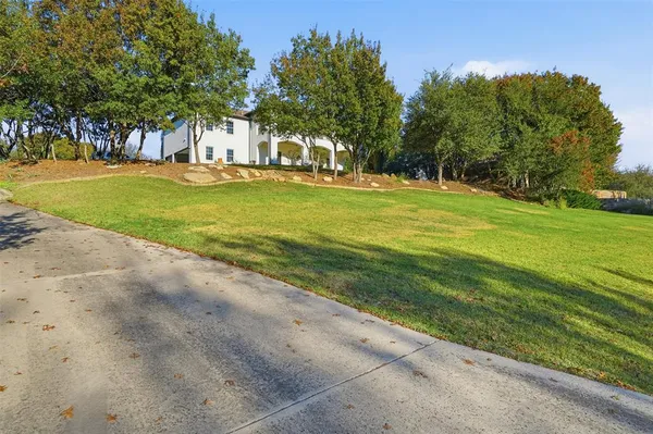 a view of a park with large trees