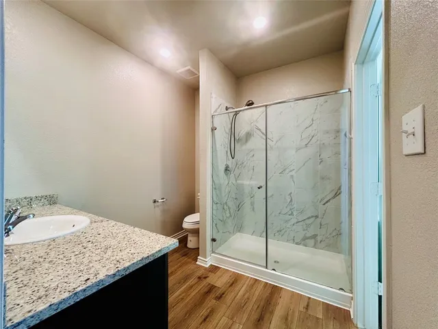 a bathroom with a granite countertop sink a toilet and shower