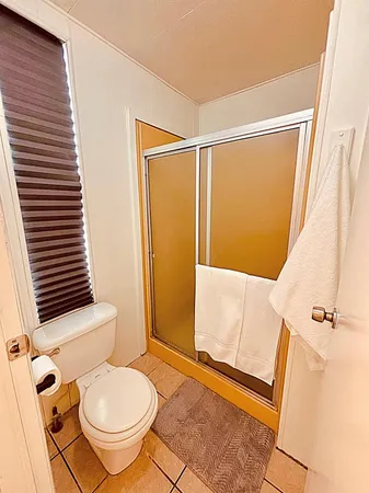 a bathroom with a granite countertop shower and a toilet