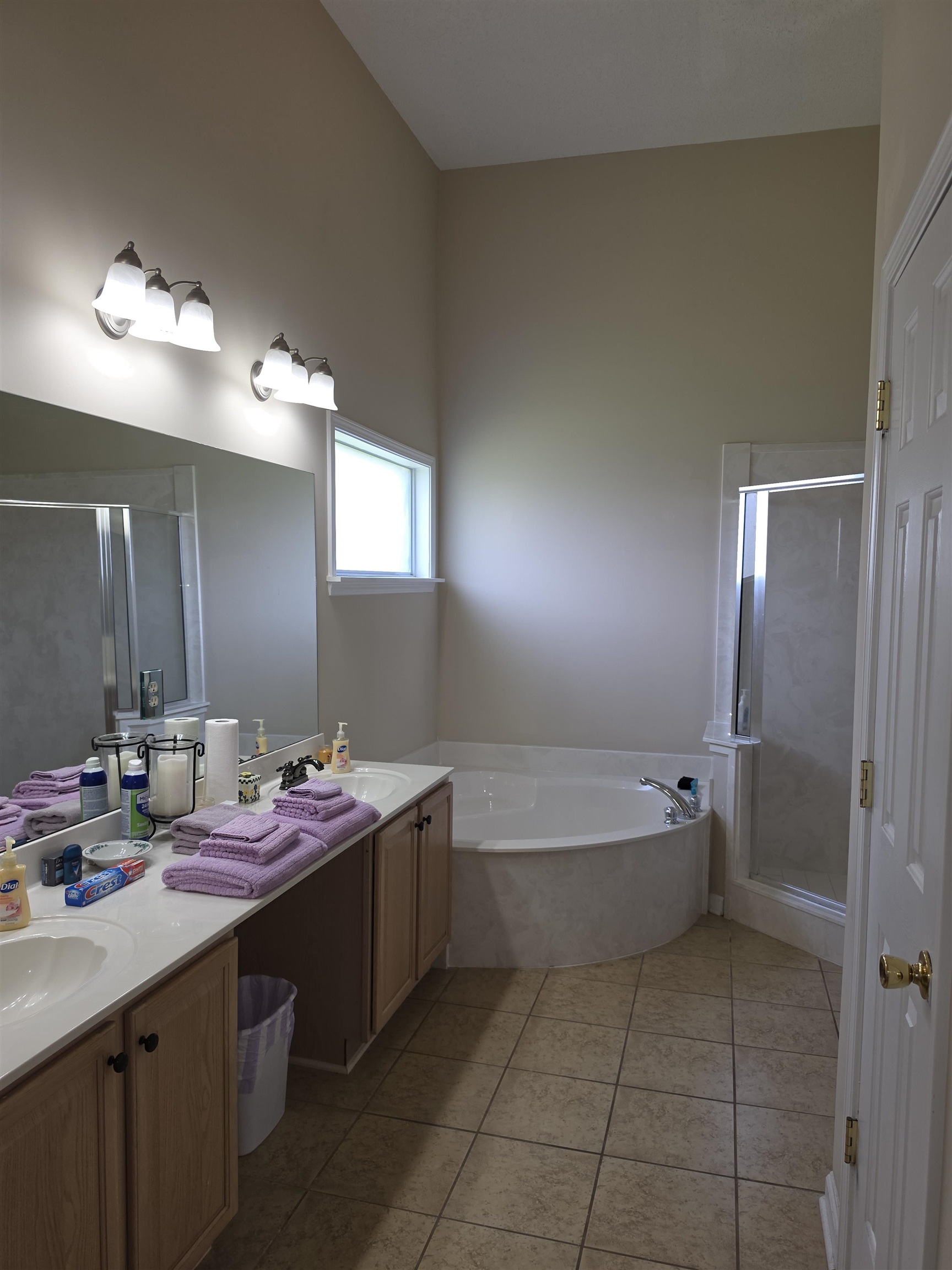 7253 Rourke Circle Memphis, TN 38125 - Photo 16 of 31 Bathroom featuring a corner soaking tub, a separate glass-enclosed shower, and a dual-sink vanity with light wood-finish cabinetry