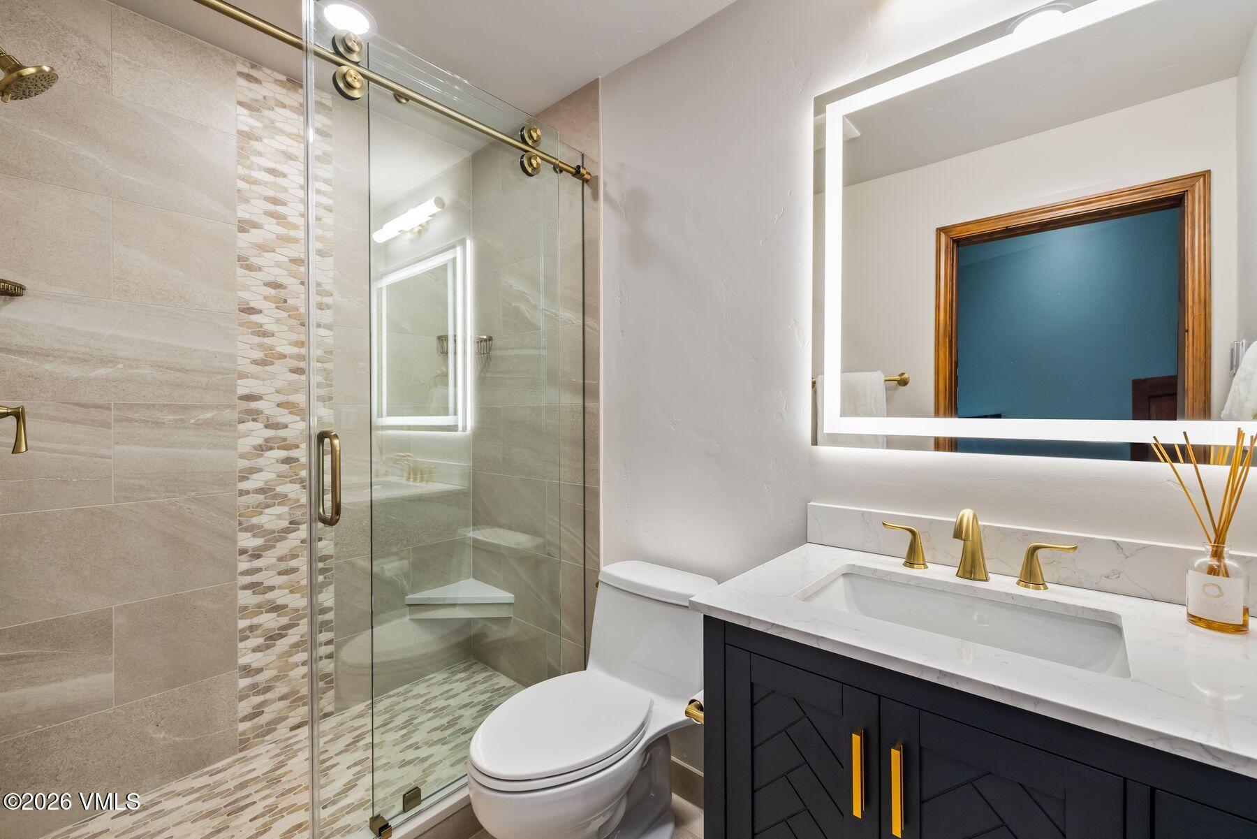 167 Saddle Ridge Edwards, CO 81632 - Photo 30 of 41 a bathroom with a granite countertop sink toilet a mirror and shower