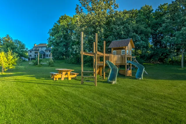 a view of a garden with a slide