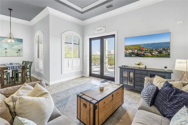 a view of a dining room with furniture window and outside view
