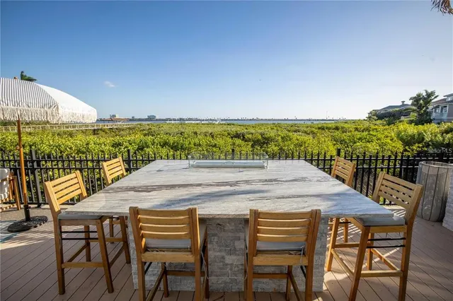 an outdoor space with furniture