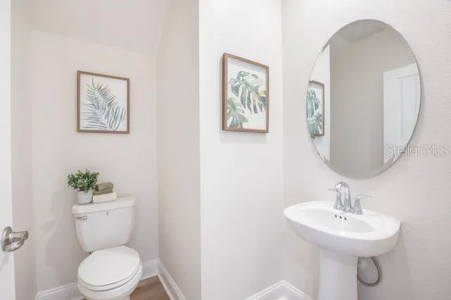 a bathroom with a toilet a sink and mirror