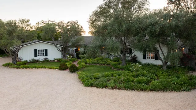 a view of a house with a small yard and large tree